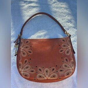 Fossil Leather Shoulder Bag with Floral Cutwork - Brown